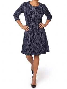 NWOT Leota Navy Gold Knit Dress Abstract Herringbone Fit Flare 3/4 Sleeve Size M